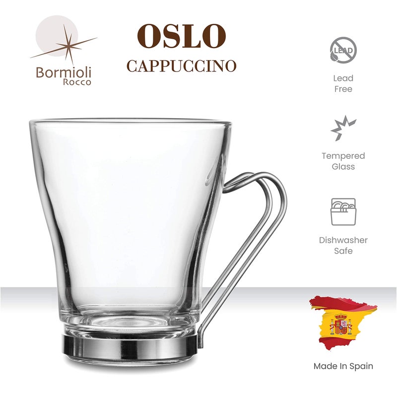 Bormioli Rocco كوب قهوة زجاجي بورميولي روكو أوسلو - 7 Â½ أونصة أكواب إسبريسو (4 عبوات) مع مقبض معدني، أكواب شاي مثالية للمشروبات الساخنة والباردة، مقاومة للصدمات الحرارية، زجاج مقسى، للاتيه، كابتشينو - Image 3